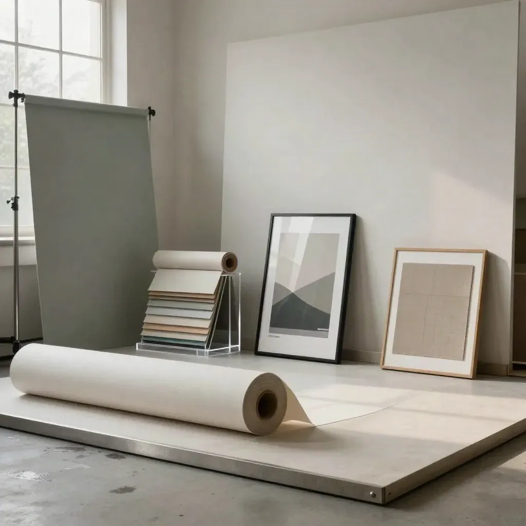 Warm studio bay with paper rolls, scrims, acrylic risers and a framed brand print.