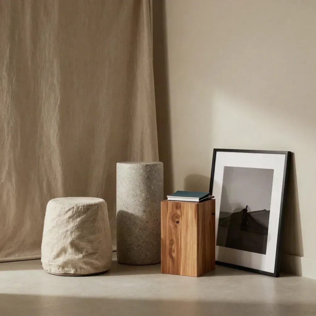 Cozy studio corner with backdrop roll, linen stool, plinths, and framed finished brand image.