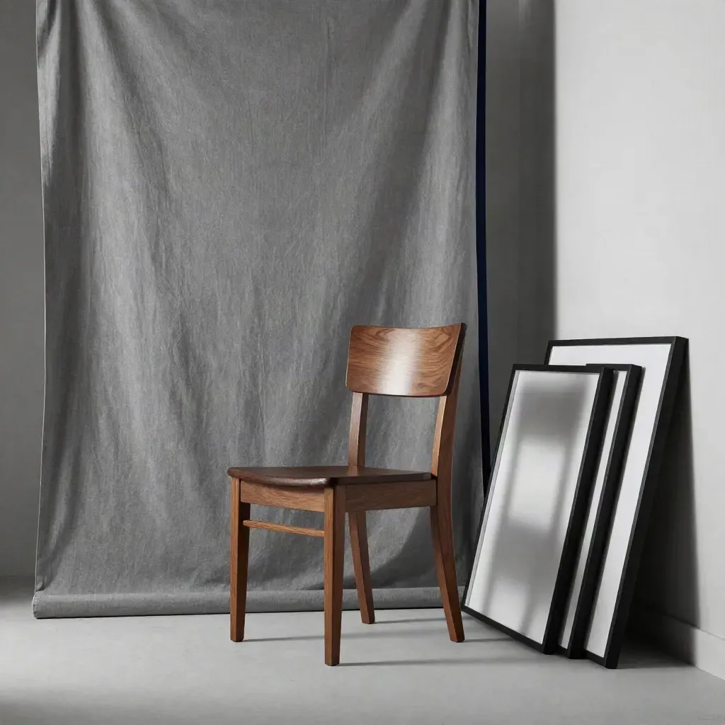 Portrait studio corner with backdrop, walnut chair, diffusion panel, and crop mats.