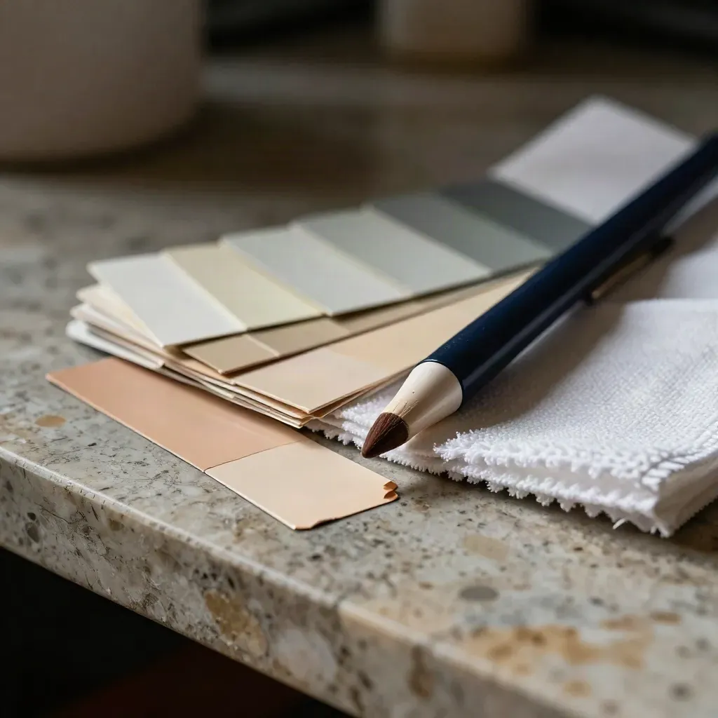 Macro of skin-tone swatches, microfiber cloth and stylus tip on a navy-backed proofing surface.