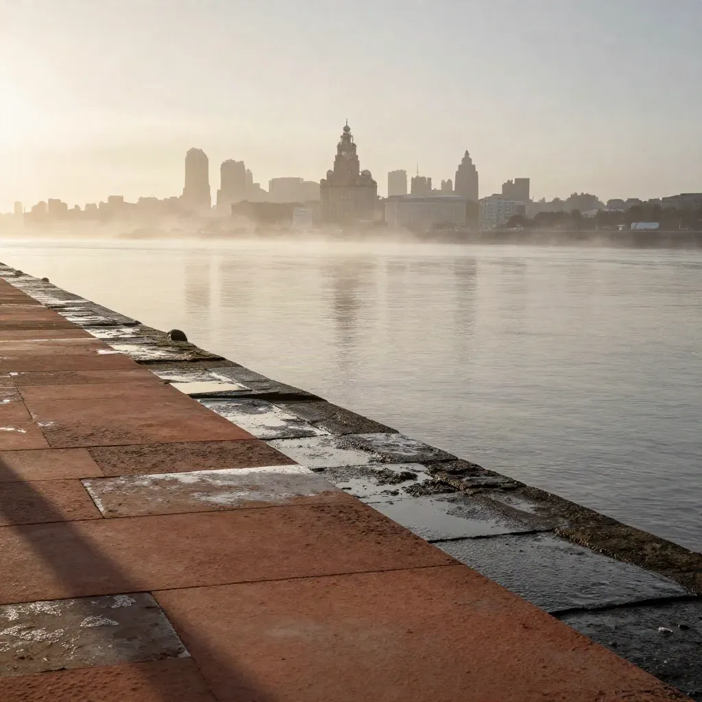 Misty Mersey waterfront with stone quay and softened Liverpool skyline at sunrise.