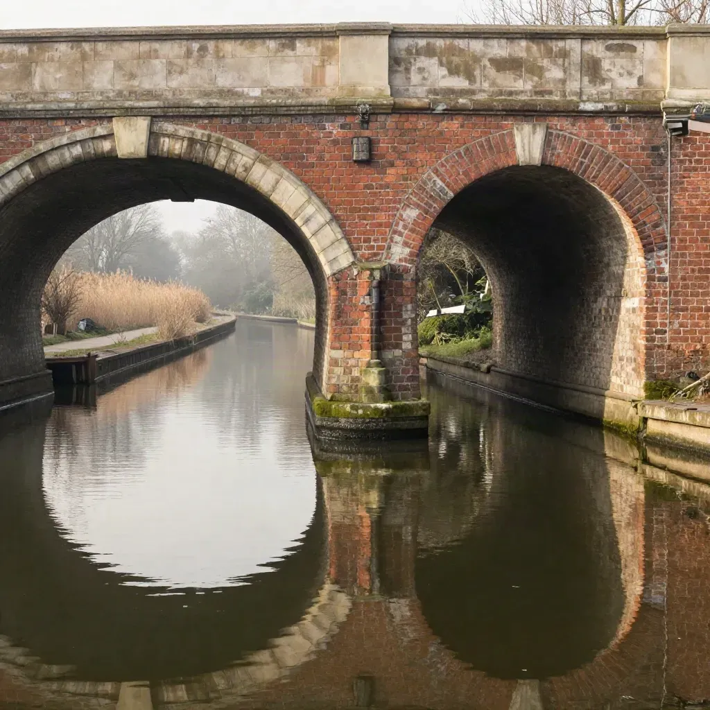 West Midlands canal arches and bridge reflected in still water at dawn